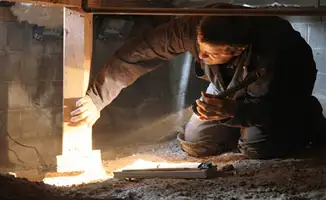 A professional inspecting wooden beams under the floor of a structure in Las Vegas, NV